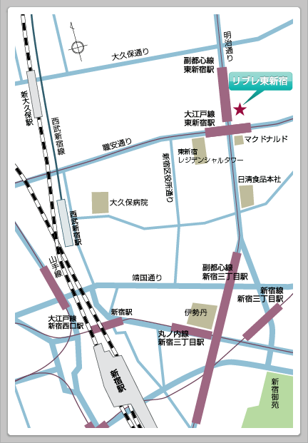 当店から新宿中心部までの地図
